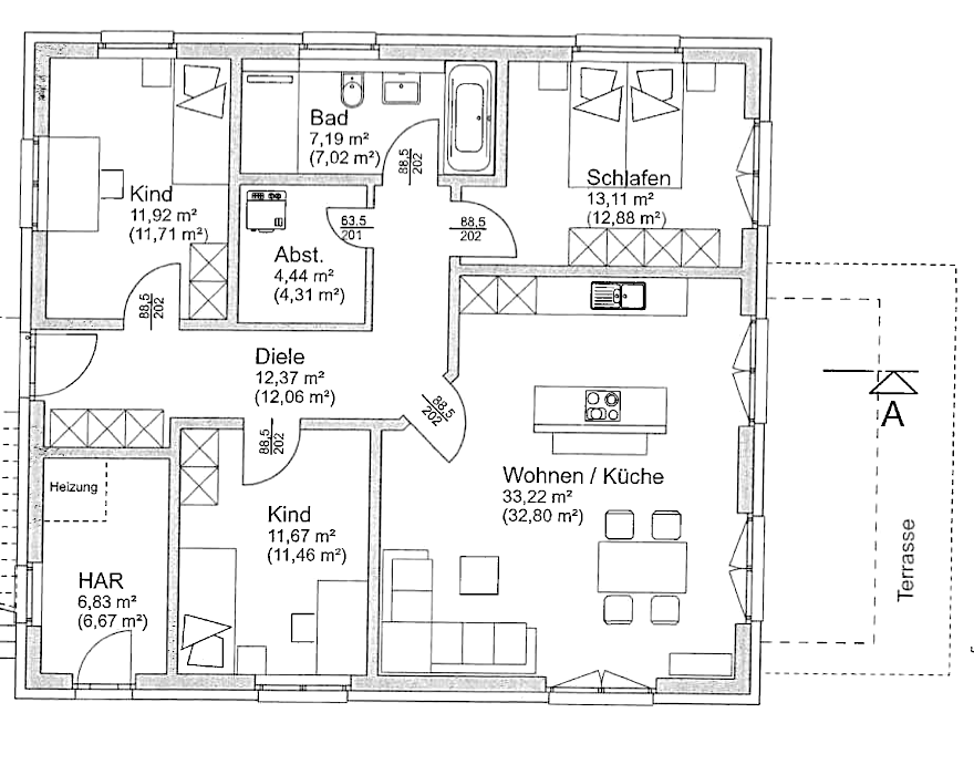 Grundriss Erdgeschoss, Wohnung 1